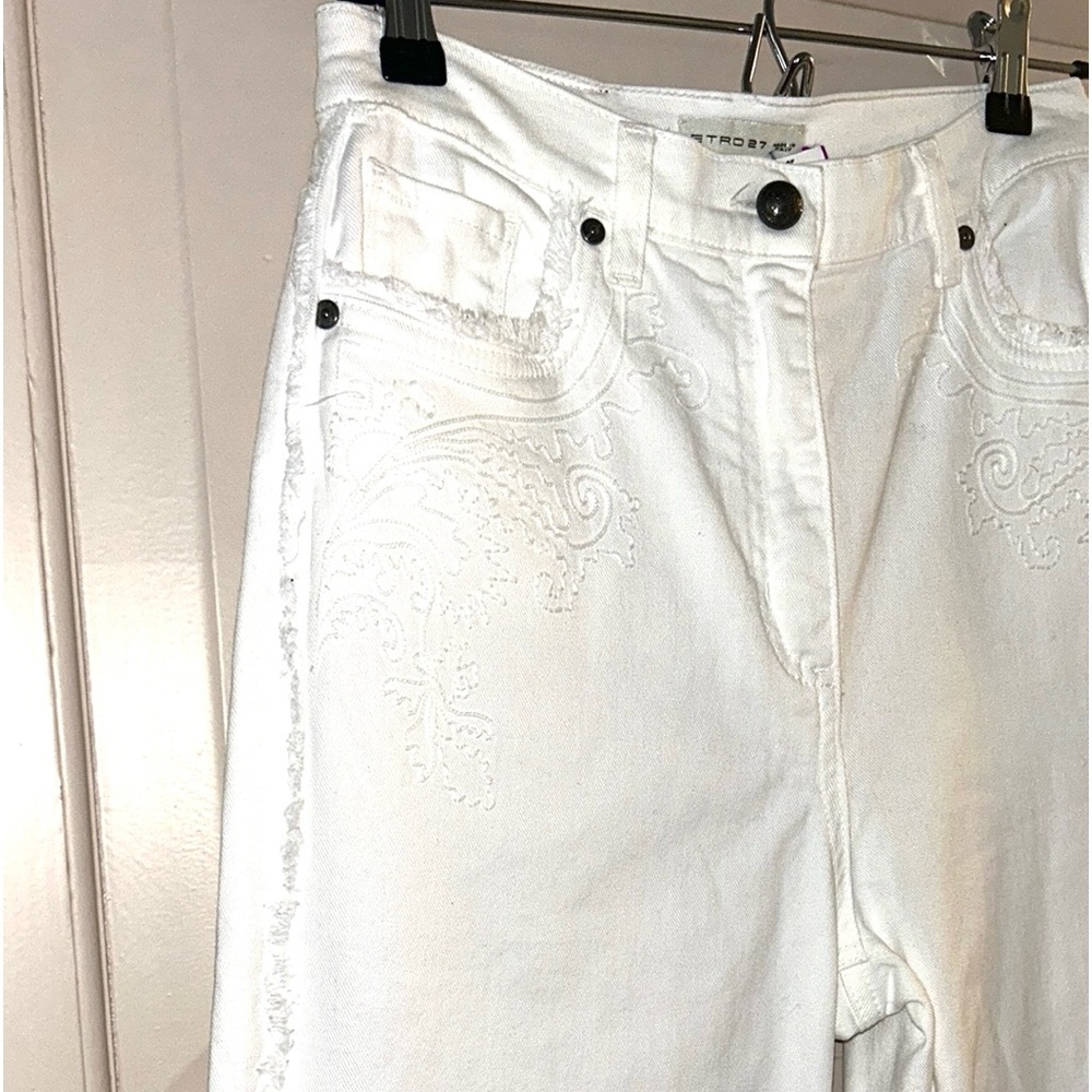 Rare ETRO Sz 27 x 34 white cotton embroidered wideleg Jean fringe edge hi waist - Picture 4 of 15